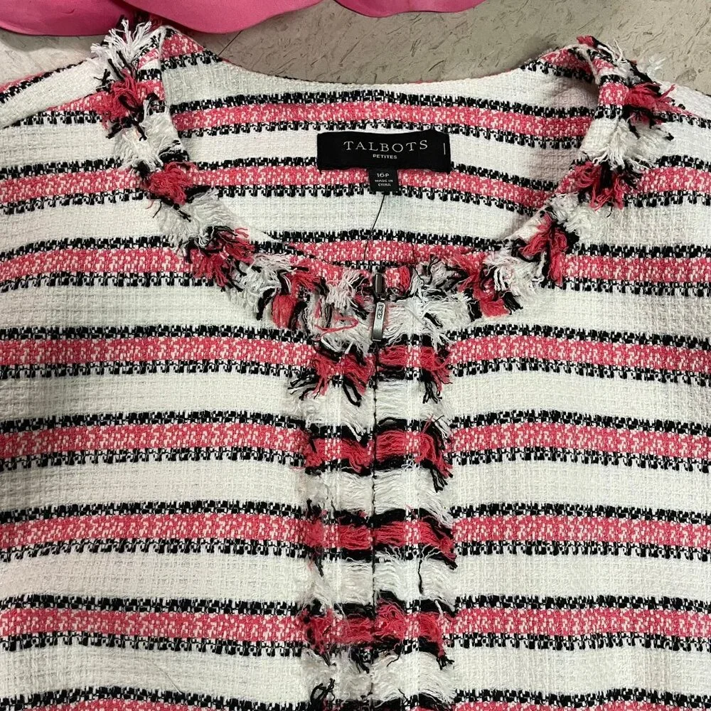 TALBOTS Petites Striped Fringe‎ Tweed Full Zip Blazer Jacket Sz 16P Corpcore